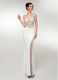 Slit Tulle V-neck White Long Mermaid Prom Dress
