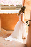Bohemian Summer Beach Cap Sleeves Chiffon Boho Wedding Dress