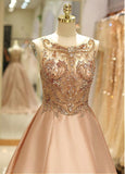 Satin Jewel Beading Long Pink A-line Prom Dress