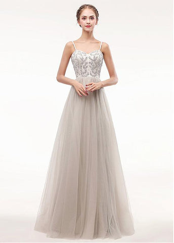 Tulle Spaghetti Straps Champagne Beading A-line Prom Dress