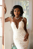 V-neck Open Back Beads Appliques Spaghetti Straps Mermaid Tulle Wedding Dress