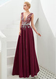 Burgundy Beautiful Tulle V-neck A-line Formal & Evening Dress