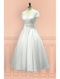 Sheer Back Satin Buttons Tea Length Cap Sleeves Wedding Dress