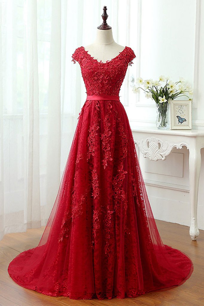 Beading Lace Tulle Long Red V Neck Appliques Prom Dress US10 / Pink Beading Lace Tulle Long Red V Neck Appliques Prom Dress US10 / Pink