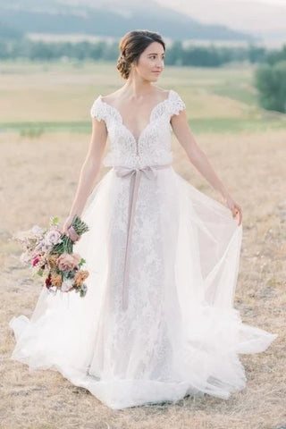 Mermaid Detachable Train V-neck Lace Cap Sleeve Wedding Dress