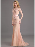 Bateau Appliques Lace Column Beading Lace Brush Train Evening Dress