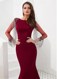 Satin Bateau Burgundy Long Sleeve Mermaid Evening Dress