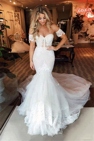 Mermaid Sweep Train Off-the-shoulder Puffy Appliques Tulle Wedding Dress