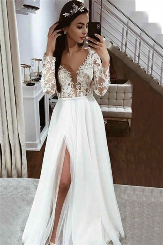 a line lace wedding dress with side split detail White A-Line Wedding Dresses Strapless Side Slit Lace Sweep Train Wedding Ball