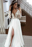 V-neck Side Split Long Sleeve A-line Lace Appliques Wedding Dress