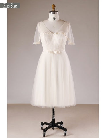 Plus Size Knee Length Short Champagne Appliques Tulle Wedding Dress