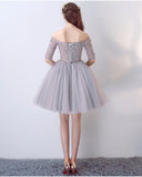 Silver Half Sleeves Beaded Lace Off-the-Shoulder Short Homecoming Dress