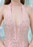Pink Tulle Halter Neckline Backless Mermaid Prom Dresses With Beadings