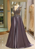 Satin Jewel Purple Evening Dress With Beadings