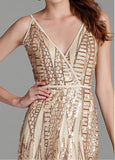 Sequin Lace V-neck Gold Embroidery Mermaid Prom Dress