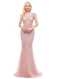Pink Long Lace Jewel Mermaid Prom Evening Dress