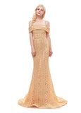 Lace Spaghetti Straps Gold Long Mermaid Evening Dress