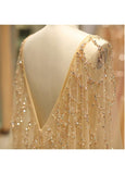 Tulle Jewel Long Sleeve Gold Beading Prom Evening Dress