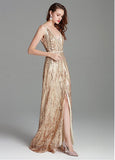 Sequin Lace V-neck Gold Embroidery Mermaid Prom Dress