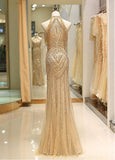 Tulle Jewel Beading Gold Mermaid Evening Dress