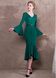 Satin V-neck Green Hi-lo Mermaid Formal Dress With Belt