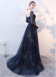 Sequin Lace Jewel Long Sleeves Beadings A-line Evening Dress