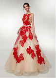 Tulle Bateau Beading Red Long A-line Prom Dress