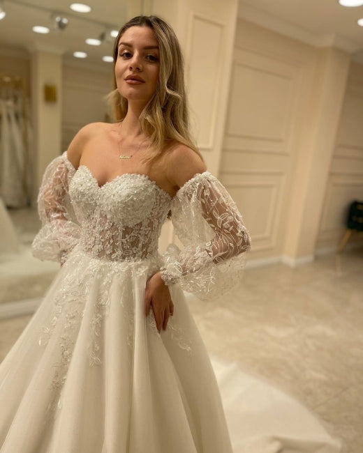 Tulle Sweetheart Puffy Sleeves Beading A Line Wedding Dress – Sassymyprom