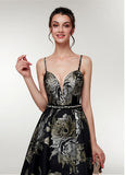 Spaghetti Straps Long Print Black A-line Prom Dress
