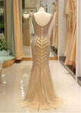 V-neck Gold Beading Long Mermaid Evening Dress