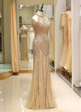 Tulle Jewel Beading Gold Mermaid Evening Dress