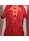 Satin High Collar Red Long Evening Dress With Beadings