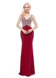 V-neck Red Beading Sexy Mermaid Evening Dress