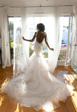 V-neck Open Back Beads Appliques Spaghetti Straps Mermaid Tulle Wedding Dress