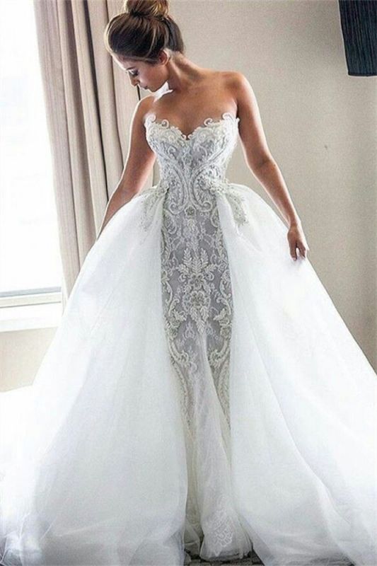 Puffy Tulle Overskirt Strapless Sexy Lace Bride Wedding Dress – Sassymyprom Puffy Tulle Overskirt Strapless Sexy Lace Bride Wedding Dress – Sassymyprom