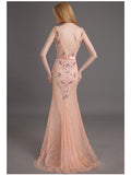 Bateau Appliques Lace Column Beading Lace Brush Train Evening Dress