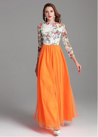 Tulle Lace Bateau Orange Long Sleeve A-line Prom Dress