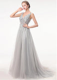 Tulle V-neck Gray Beading Backless A-line Prom Dress With Beadings