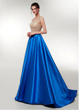 Satin V-neck Beading Long Prom Evening Dress