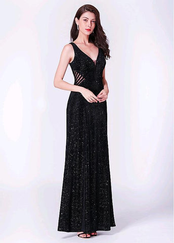 Fleece V-neck Black Sheath/Column Evening Dress