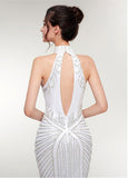Tulle High Collar White Long Mermaid Evening Dress