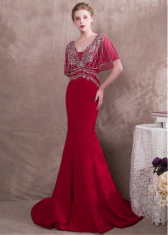 Satin V-neck Burgundy Mermaid Evening Dress With Beadings