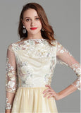 Tulle & Embroidery Lace Bateau Champagne Long Prom Dress