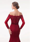 Satin Off-the-shoulder Beading Red Mermaid Evening Dress With Belt