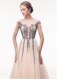 Tulle Jewel Champagne Appliques See Through Prom Dress With Beadings
