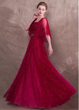 Lace Square Burgundy Evening Dress With Beadings & Belt