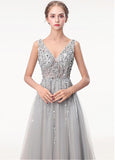 Tulle V-neck Gray Beading Backless A-line Prom Dress With Beadings