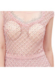 Pink Long Lace Jewel Mermaid Prom Evening Dress