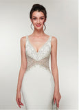 Stretch Satin V-neck White Long Mermaid Prom Dress