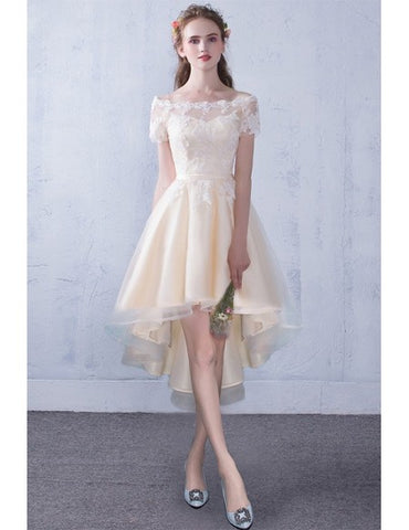 Off The Shoulder Lace High Low Champagne Wedding Reception Dress